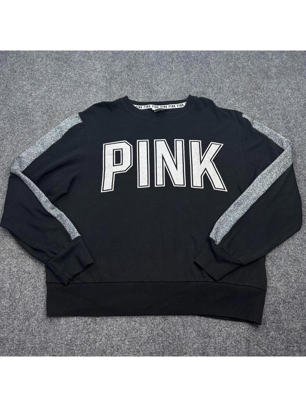 Victorias Secret PINK Sweater Womens Size Large Black Silver Glitter Pullover